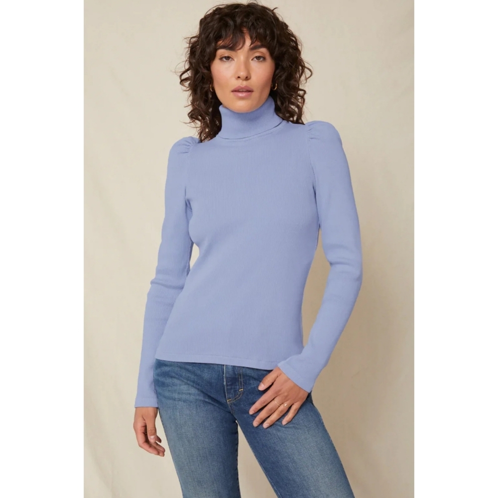 AMO NWT Denim Puff Sleeve Ribbed Turtleneck Size Medium Color Iris